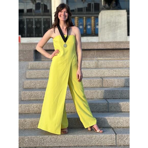 HALSTON Yellow Lil Crepe Strapless Overlay Side Zipper Jumpsuit Dress Size 2 - Picture 1 of 16